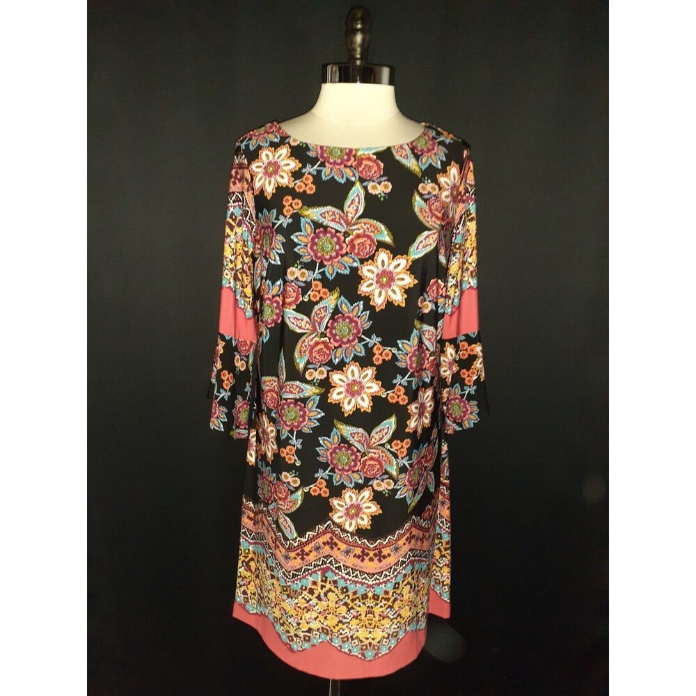 EN FOCUS STUDIO Plus Size 14W Shift Dress Black Orange Blue Floral 3/4 Sleeve